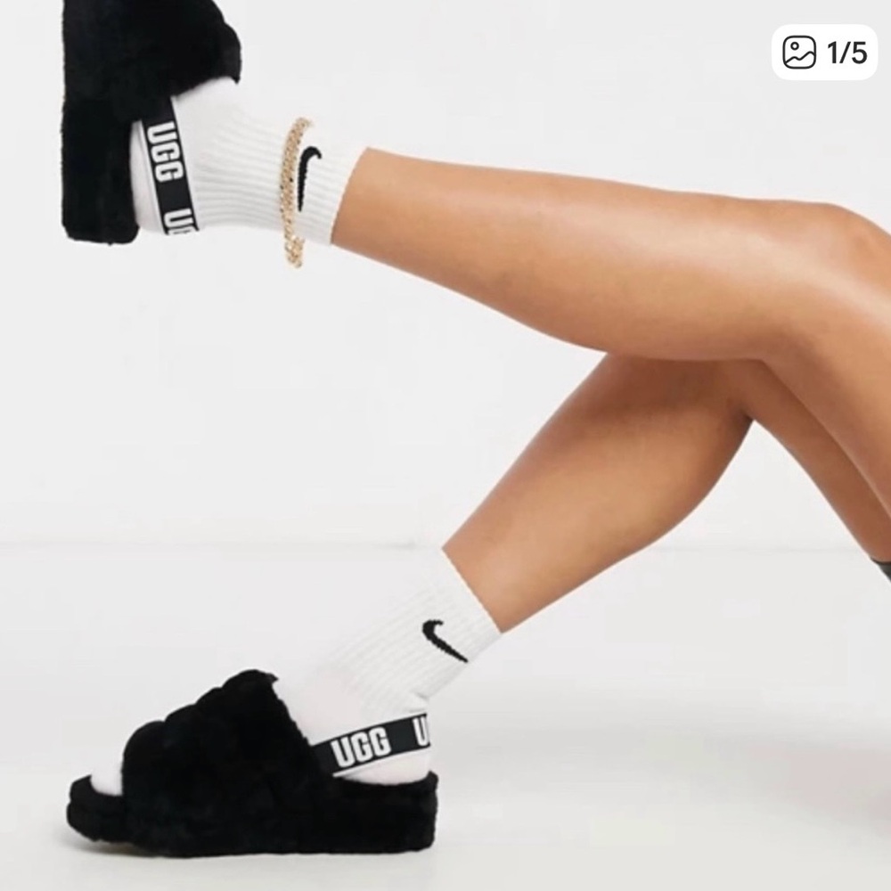 UGG Fluff Yeah Slingback Shearling Sandals Black Platform Slippers Womens Size 7